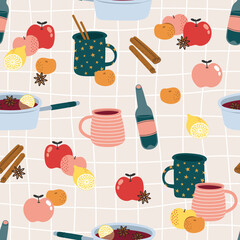 Seamless pattern of mulled wine ingredients - wine, apples, cinnamon, oranges, isolated on beige checkered seamless pattern in doodle style. For greeting card, wrapping paper and another print design.