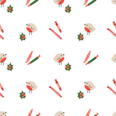 Seamless pattern of bullfinch bird, holly tree and christmas candy isolated on white background in traditional christmas colors. For greeting card, wrapping paper and another print design.