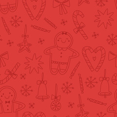 Seamless pattern of different elements - christmas gingerbread, christmas candy, christmas toys and jingle bells isolated on red background. For greeting card, wrapping paper and another print design.