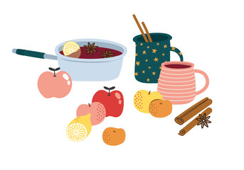 Illustration of mulled wine ingredients - wine, apples, cinnamon, oranges, and another, isolated on beige checkered seamless pattern. For greeting card, wrapping paper and another print design.