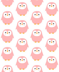 Vector seamless pattern of pink flat cartoon doodle hand drawn penguin isolated on white background
