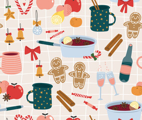 Seamless pattern of mulled wine ingredients - wine, apples, cinnamon, oranges, and another, isolated on beige checkered seamless pattern. For greeting card, wrapping paper and another print design.