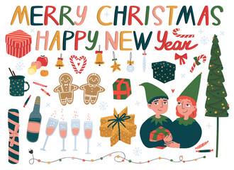 Vector illustration of collection of christmas elements for greeting card design. Hand drawn illustration in doodle style. In traditional christmas color - red, green, blue and yellow.