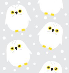 Vector seamless pattern of flat cartoon doodle owl and snow isolated on gray background