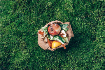 Top view. Kitchen food waste collected in craft paper bag. Peeled vegetables on green grass, moss...