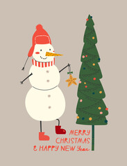 Vector illustration of christmas snowman with a christmas tree isolated on beige background. Hand-drawn vector illustration and lettering in doodle style. For greeting card and another print design.