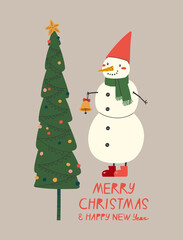 Vector illustration of christmas snowman in red cap with a christmas tree isolated on beige background. Hand-drawn vector illustration and lettering. For greeting card and another print design.