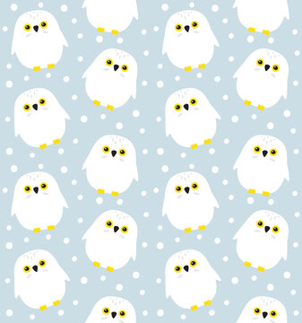Vector seamless pattern of flat cartoon doodle owl and snow isolated on blue background