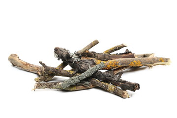 Dry branches, pile for fire isolated on white background
