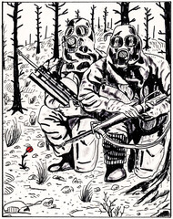 Illustration of small colored flower next to armed soldiers wearing jumpsuit for protection from radiation and chemical agents, in comics style. Ink drawing.