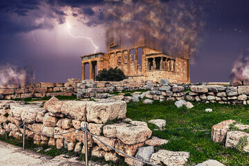Thunderstorm over Acropolis Athens with particles and dust effect, Greece, Europe	