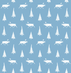 Vector seamless pattern of white hand drawn doodle sketch reindeer and spruce tree isolated on blue background