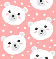 Vector seamless pattern of flat cartoon hand drawn doodle polar bear face isolated on pink background