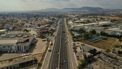 Aerial drone view of National motorway road with light traffic in Attica leading to Lamia, Greece