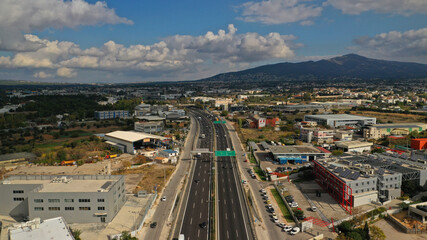 Fototapeta premium Aerial drone view of National motorway road with light traffic in Attica leading to Lamia, Greece