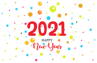 New Year's greeting card in cartoon style with multicolored fireworks of colored balls, children's cheerful mood of winter holiday, 2021 new year, vector illustration on white background.