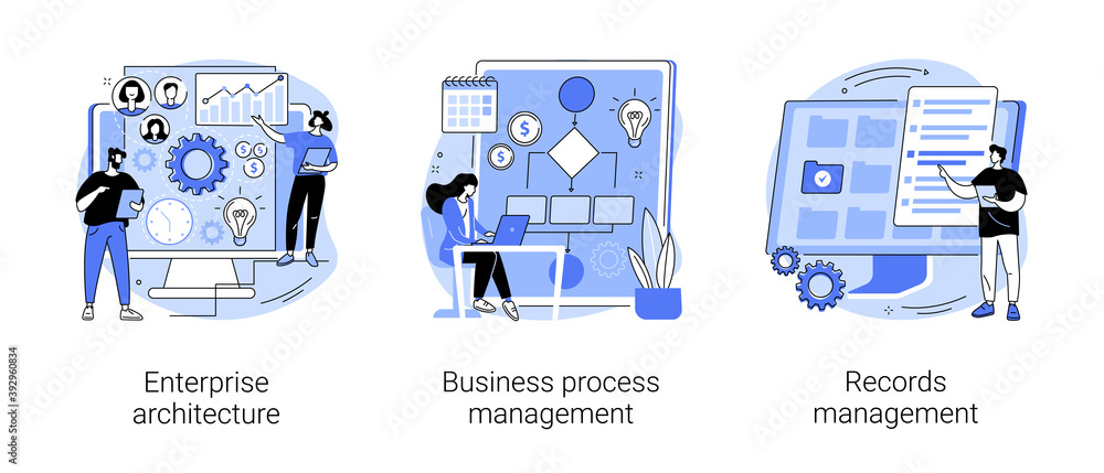 Poster corporate software abstract concept vector illustration set. enterprise architecture, business proce