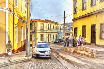View on vintage street colorful painting looks like picture