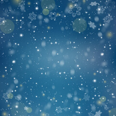 Fototapeta na wymiar falling snow Christmas background. flying snow flakes and stars on dark blue night sky.winter snowflake overlay template