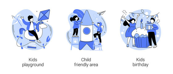 Children entertainment abstract concept vector illustration set. Kids playground, child friendly area, kids birthday, family restaurant, shopping mall, party ideas, celebration abstract metaphor.