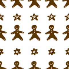 Seamless background with Christmas gingerbread. Vector. Cartoon. Chocolate-white range. Various gingerbread cookies: little men and snowflakes. Suitable for fabric, paper and wallpaper.
