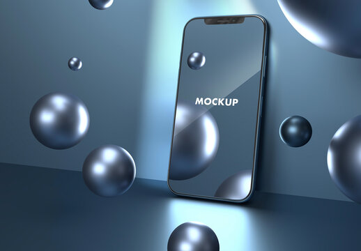 Shiny Smartphone Front View Blue Spheres Mockup