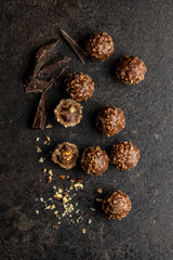 Sweet chocolate truffles. Tasty belgian pralines balls with dark chocolate