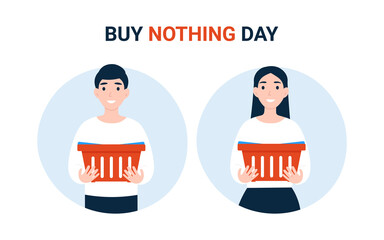 Buy Nothing Day BND , happy couple people with empty grocery cart. Concept of protest against consumerism.