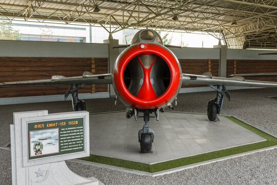 Pyongyang, North Korea-July 29, 2014: Liberation War Museum in Pyongyang. Soviet fighter MiG-15, who participated in the Korean Liberation War.