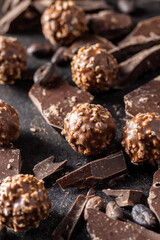 Sweet chocolate truffles. Tasty belgian pralines balls with dark chocolate