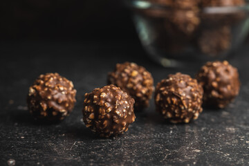 Sweet chocolate truffles. Tasty belgian pralines balls.
