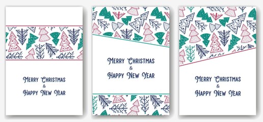 Colored christmas party invitation, banner, poster or postcard with forest silhouette for the new year holiday. Winter illustration of spruce tree for december design