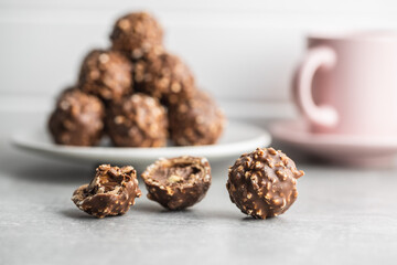 Sweet chocolate truffles. Tasty belgian pralines balls.