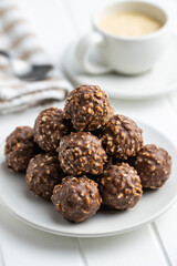 Sweet chocolate truffles. Tasty belgian pralines balls.
