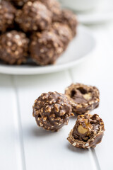 Sweet chocolate truffles. Tasty belgian pralines balls.