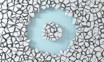 3D rendering - white background simulating a hole in the wall. Broken stone banner. Background with vibrant color. Dynamic abstraction.