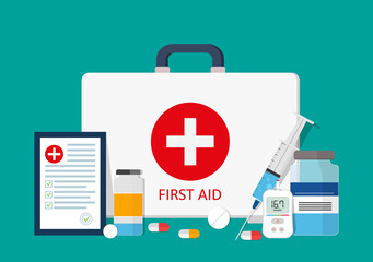 First aid with medical kit. Box with medicine equipment and treatment for emergency. Bag for safety health. Icon for doctor and insurance. Pharmacy with syringe, antibiotic, antiseptic, pills. Vector