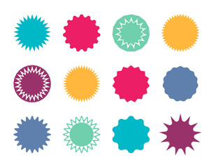 Starburst badge. Circle stickers with jagged edges. Round shapes for price and promo. Blank pricetag for sale. Red, blue, green label for promotion, website and design. Colorful graphic stars. Vector