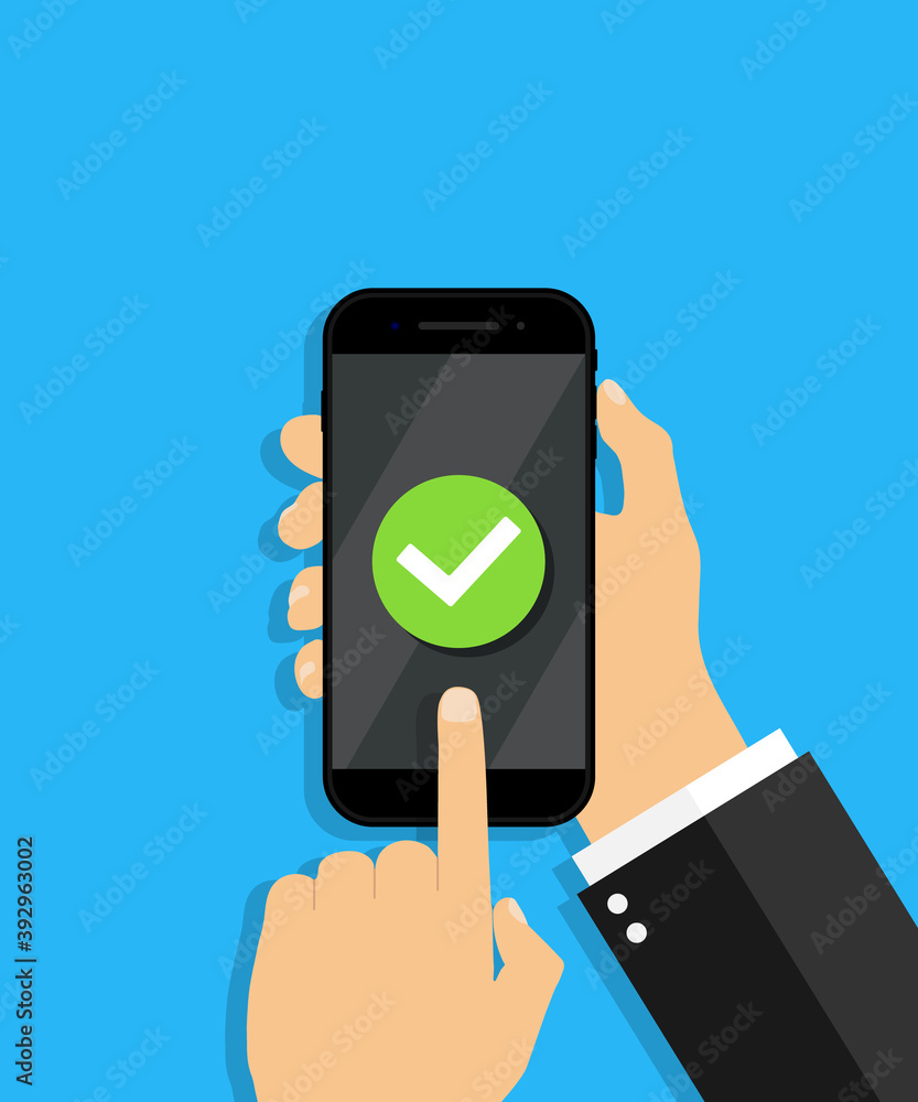 Poster mobile phone with tick of success update. smartphone in hand with checkmark. check of app in cellpho