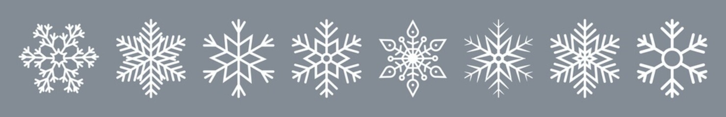 Snow icon. Paper snowflake for christmas. White crystal flake isolated on silver background. Winter xmas geometric collection. Decoration for cut in holiday. Beautiful graphic shapes. Vector