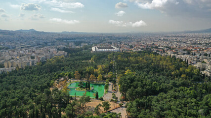 Aerial drone photo of famous park of Filadelfia or Philadelfia in a winter morning in the heart of Athens near Parnitha mountain, Attica, Greece