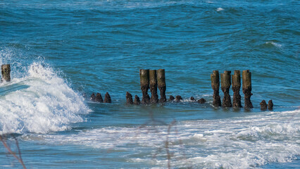 groyne on the beach of the baltic sea to break waves