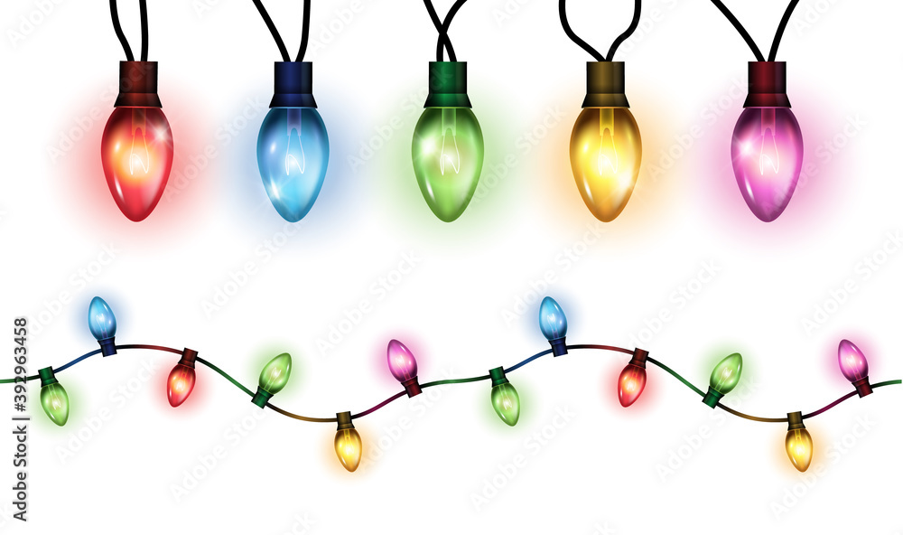 Canvas Prints vector realistic glowing colorful christmas lights in seamless pattern and individual hanging light 