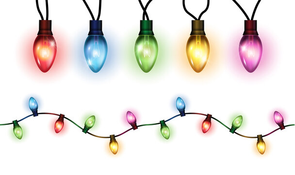 Vector realistic glowing colorful christmas lights in seamless pattern and individual hanging light bulbs isolated on white background