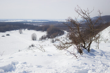 Winter countryside landscape in the Middle Volga region, Russia.