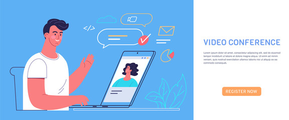 Young man working online. Video conference vector illustration 