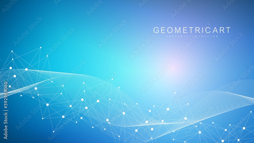 Poster geometric abstract background with connected line and dots. structure molecule and communication. bi