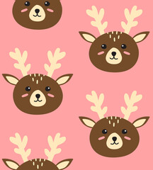 Vector seamless pattern of hand drawn doodle flat cartoon colored deer face isolated on pink background