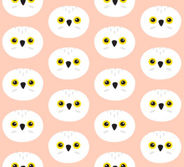 Vector seamless pattern of flat cartoon hand drawn polar white owl face isolated on pink background