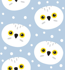 Vector seamless pattern of flat cartoon hand drawn polar white owl face isolated on blue background